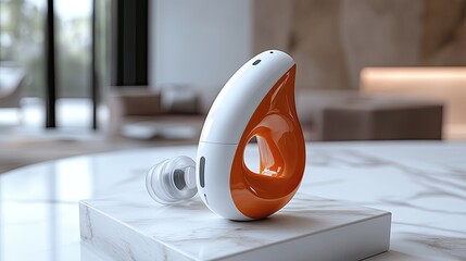 Modern Wireless Earbud on Marble Table.