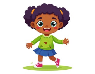 A cartoon girl with dark skin, curly hair and a big smile