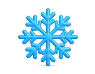 A 3D rendered, bright blue, symmetrical snowflake on white