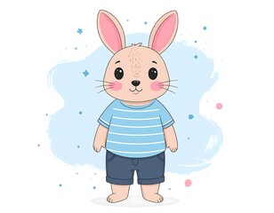 A charming cartoon bunny wearing a striped shirt and shorts