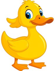 A cheerful cartoon depiction of a yellow duckling standing, smiling