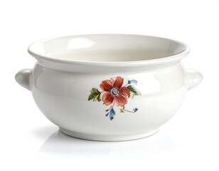 A ceramic bowl with handles and a floral design