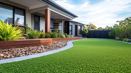 Modern australian home exterior with lush artificial grass lawn and timber edging