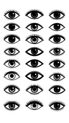 A collection of black and white eye illustrations arranged in multiple rows