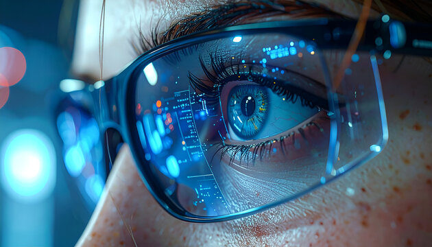 Close-Up of Human Eye Wearing Modern Sunglasses with Reflective Lens - Powered by Adobe