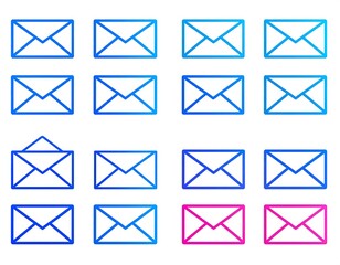 A collection of outlined envelopes arranged in rows, varying shades of blue