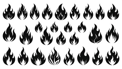 A collection of stylized, black flame icons on a white background