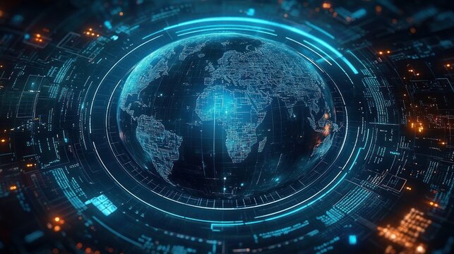 Digital representation of a globe centered on Africa and Europe surrounded by glowing blue and orange futuristic data and circular interface elements depicting technology and global connectivity - Powered by Adobe