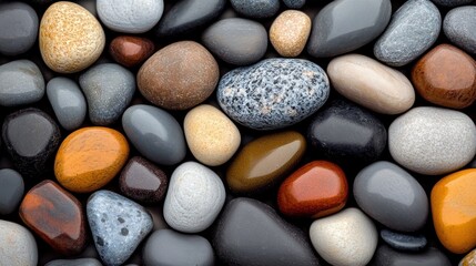 assortment of smooth polished stones in various colors including gray, brown, white, orange and black closely arranged