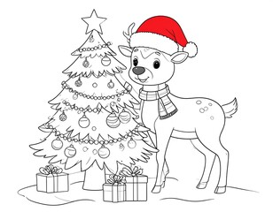 A cute deer wearing a Santa hat decorates a Christmas tree