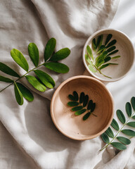 Minimalist flat lay featuring two bowls with greenery on beige fabric background, creating serene and natural aesthetic
