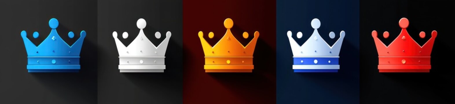 Five stylized crowns in a row with different vibrant colors on dark shaded backgrounds representing royalty and elegance