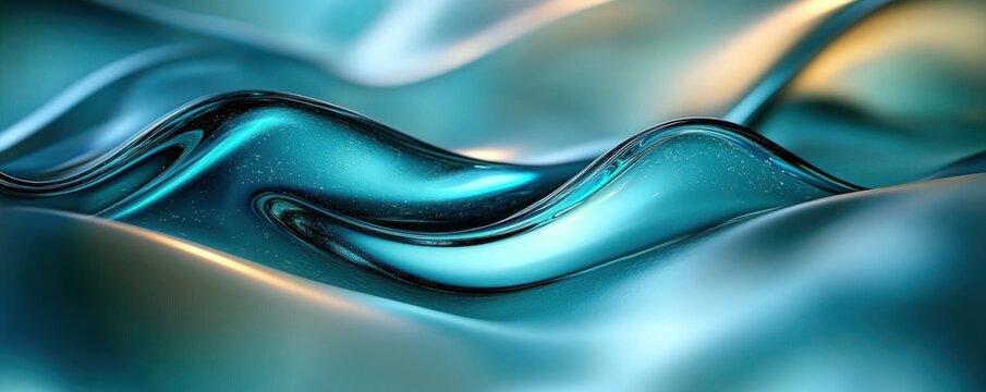 Close-up view of smooth, glossy, fluid-like blue and teal waves with reflective surfaces and soft lighting creating an abstract and calming visual effect