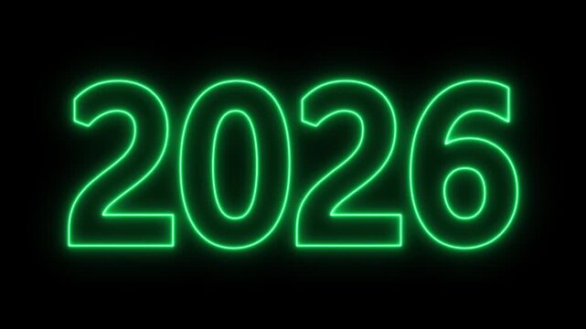 Animated glowing flickering neon inscription 2026. Perfect for new year's eve countdowns, celebrations, event promotions, yearly recap videos. Neon sign 2026.