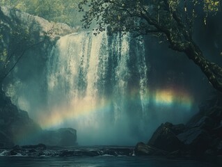 Mystic Waterfall Rainbow for Lush Forest.