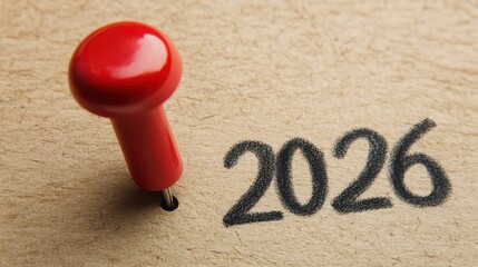 A close up of a red pushpin next to the year two thousand twenty six written on a light brown surface