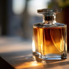 Minimalist perfume bottle with warm glow, showcasing elegant design and rich amber liquid, evokes sense of luxury and sophistication