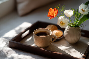 Cozy breakfast tray featuring cup of coffee, fresh flowers, and pastries, creating warm and inviting atmosphere