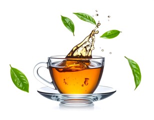 A glass teacup filled with tea, splash, and levitating green leaves