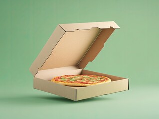 Floating Pizza in Cardboard Box.
