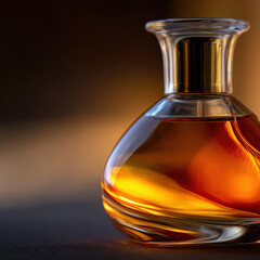 Minimalist perfume bottle close up with warm glow, showcasing elegant design and rich amber color, evoking luxury and sophistication