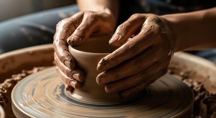 Potter hands shaping wet clay on a wheel, creating a ceramic pot. Hobby and craft workshop for handmade ceramics.