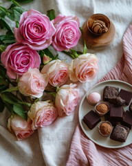 Beautiful arrangement of soft pink roses and assorted chocolates, creating romantic and elegant atmosphere