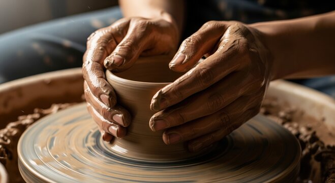 Potter hands shaping wet clay on a wheel, creating a ceramic pot. Hobby and craft workshop for handmade ceramics.