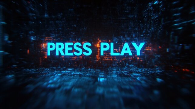 Futuristic digital interface with glowing blue text reading press play surrounded by abstract neon cityscape and technological elements conveying a sense of action and engagement