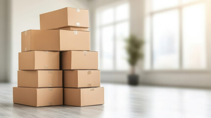 Stacked cardboard boxes in bright, spacious room with large windows, creating sense of organization and potential