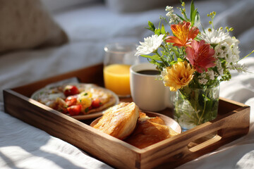 Warm and inviting breakfast tray featuring pastries, fresh fruit, coffee, and vibrant flower arrangement, perfect for cozy morning