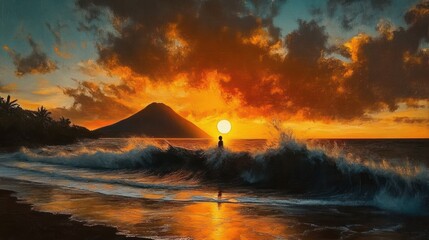 Sunset over ocean waves with silhouetted person standing in water near shore and mountain in background under dramatic fiery sky