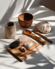 Minimalist flat lay featuring wooden accents, stone objects, and natural materials, creating serene and calming atmosphere