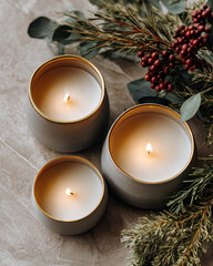 Minimalist Christmas candle set with gold accents, surrounded by greenery and berries, creating warm and festive atmosphere