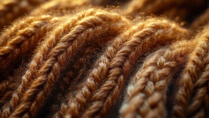 Close-up of soft, warm brown knitted fabric with various textured cable knit patterns creating a cozy and inviting atmosphere