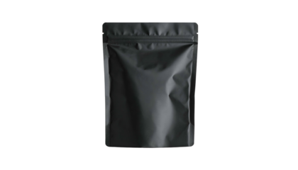 A matte black sealed pouch standing upright against a solid black backdrop