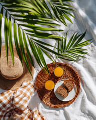 Bright summer picnic flat lay featuring woven basket with two slices of bread and two glasses of orange juice, surrounded by greenery and straw