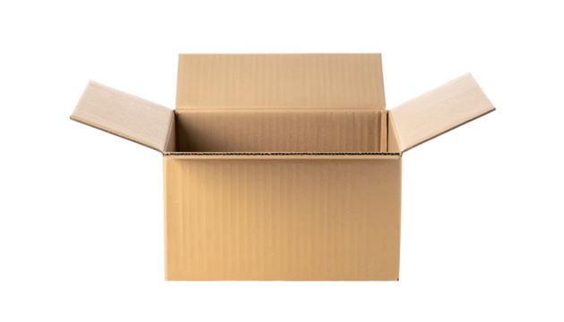A top-down view of an open, empty cardboard box with its flaps extended