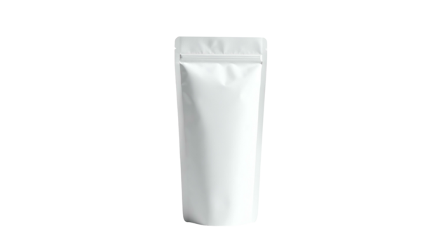 White, standing pouch, sealed at the top with a zipper, set against a black background