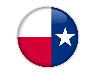 A round, glossy button features a flag with star and stripes design