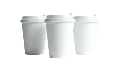 Three white disposable coffee cups, lidded, isolated on a black background