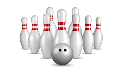 A silver bowling ball positioned before white pins with red stripes