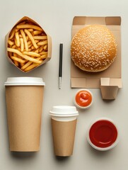 Fast Food Delivery: Flatlay for Burger, Fries.