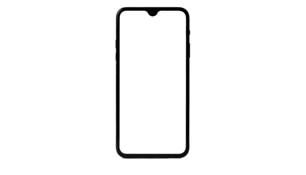 Front view of a smartphone with a black screen, isolated against a black background