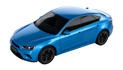 Top-down view of a sleek blue sedan with dark tinted windows, isolated on black