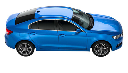 Overhead shot of a sleek, azure blue sedan with tinted windows and stylish wheels