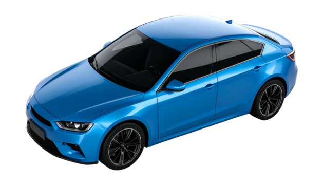 Top-down view of a sleek blue sedan with dark tinted windows, isolated on black