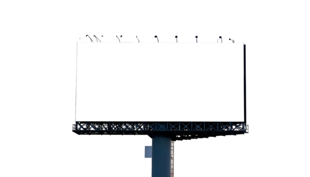 A large, blank outdoor advertising display against a stark black background. Metal frame