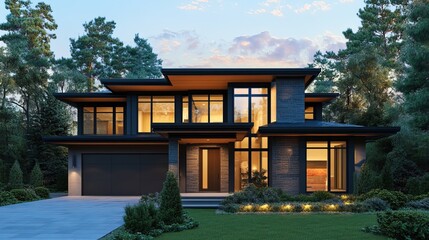 Modern home exterior with dark ceramic tile walls and tall entrance door