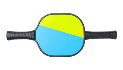 Overhead view of a pickleball paddle with yellow/blue face and black grip on a black background